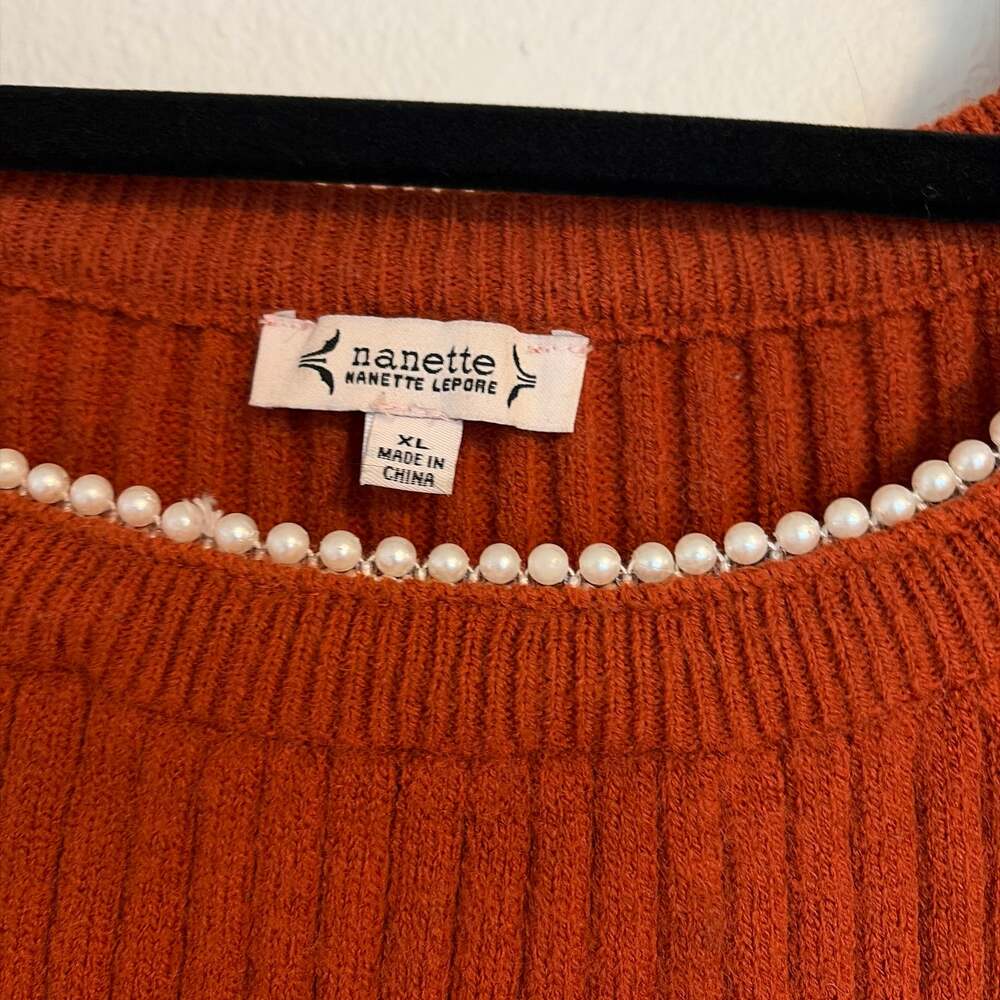 Nanette Nanette Lepore Burnt Orange Ribbed Pearl Neckline Sweater